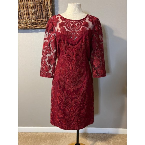 Alex Evenings Dress 12 Red 3/4 Long Sleeve Wedding Cruise Party Washable - Picture 6 of 14